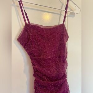 Here to Dazzle Magenta Metallic Ruched Mesh Bodycon Midi Dress, Size S